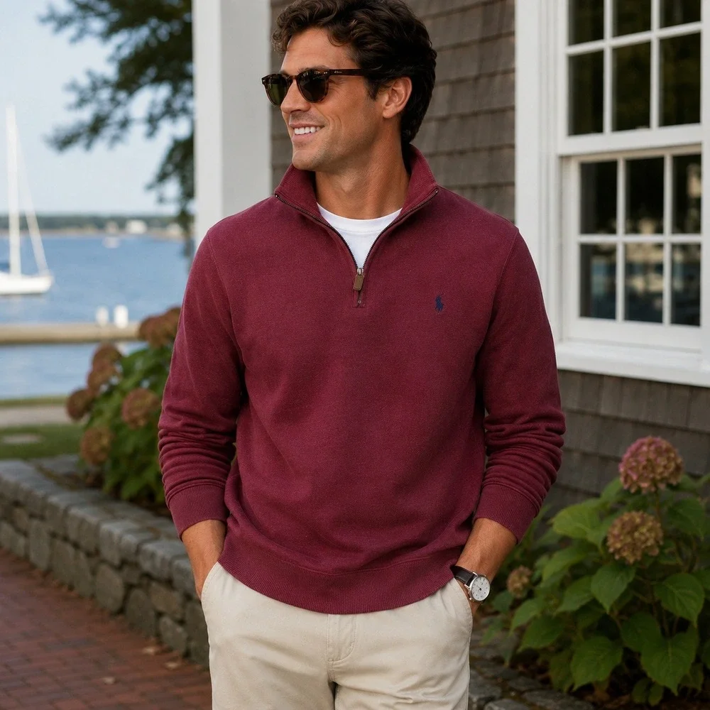 Polo Ralph Lauren Quarter Zip Sweater Ribbed Pullover Burgundy Men's Medium